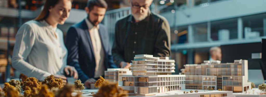 2 hommes et 1 femme regardent une maquette d'un bâtiment en architecture AEDIFICEM